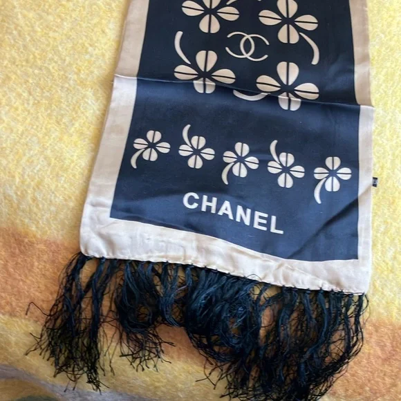 CHANEL Black and Beige Floral Pattern Scarf